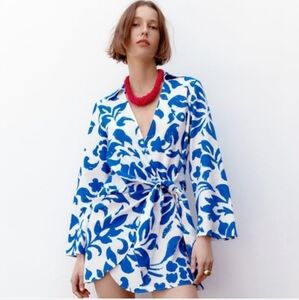 Zara Long Sleeves Mini Wrap Dress Large Linen Blend Summer Blue Patterned Boho